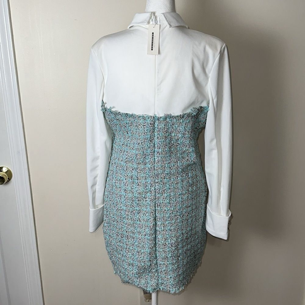 Jenifer Elegant White Tiffany Blue Boucle Tweed Long Sleeve Mini Dress - Picture 4 of 16